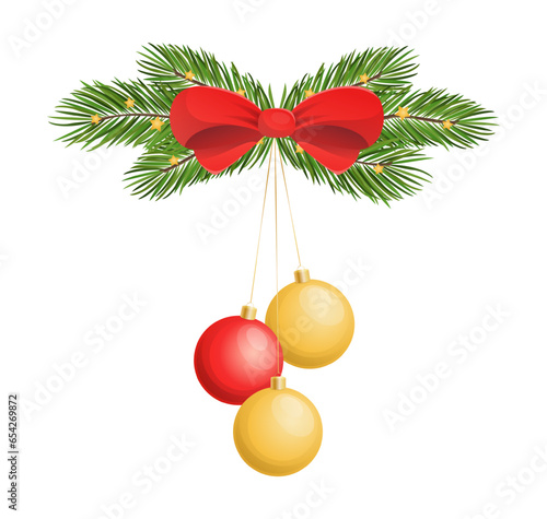 Vector glass balls with christmas tree branches and ribbon bow isolated on white background