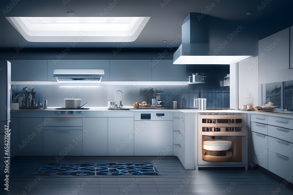3d Illustration of white modern kitchen in a house with a beautiful design 3d Illustration of white modern kitchen in a house with a beautiful design