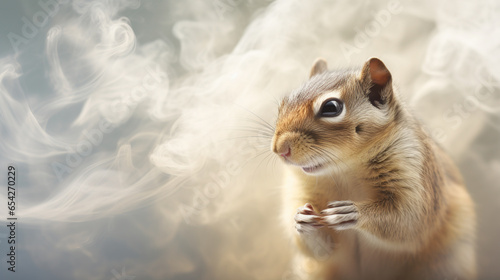 A chipmunk emerges from a wisp of light brown smoke, its tiny form framed by the subtle haze, showcasing its cute, striped charm in nature's embrace. photo