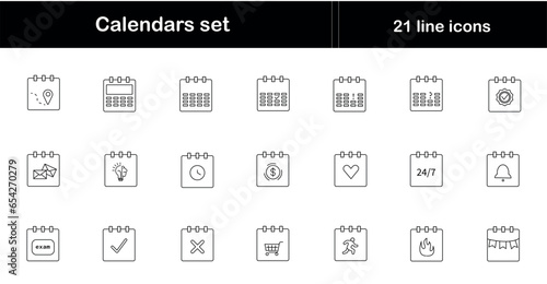 Calendars set. 21 line icons.