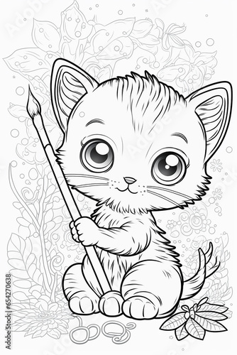 Black and white image of coloring page for kid's cute cat