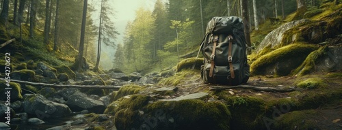 hiking and camping in a lush forest. In the foreground, there's a well-worn backpack, a water bottle, and a pair of sturdy leather ankle boots, all set against the backdrop of towering trees.