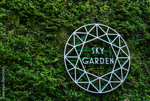 Sky Garden sign on the exterior of 20 Fenchurch Street, also known as the Fenchurch Building, or the Walkie Talkie building in London, UK.