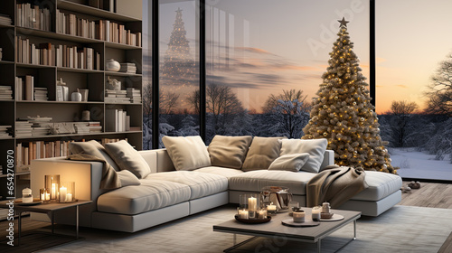 salon lujoso de un apartamento moderno con grandes ventanales, decorado con sofa claro, estanterias y arbol de navidad, con vistas a una ciudad con rascacielos photo