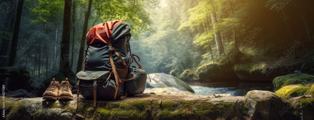 hiking and camping in a lush forest. In the foreground, there's a well-worn backpack, a water bottle, and a pair of sturdy leather ankle boots, all set against the backdrop of towering trees. hiking and camping in a lush forest. In the foreground, there's a well-worn backpack, a water bottle, and a pair of sturdy leather ankle boots, all set against the backdrop of towering trees.