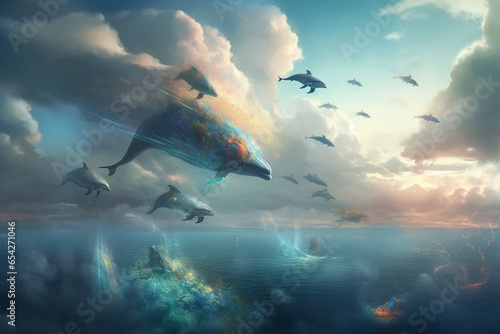 In a realm of living clouds, aerial dolphins glide through the sky, leaving trails of sparkling rainbows in their wake, as they playfully dance among the billowing forms.
