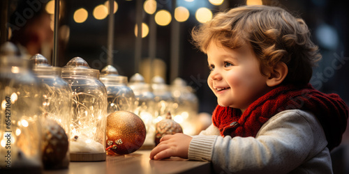 Smiling Baby Boy Enthralled by Christmas Ornaments at Festive Market