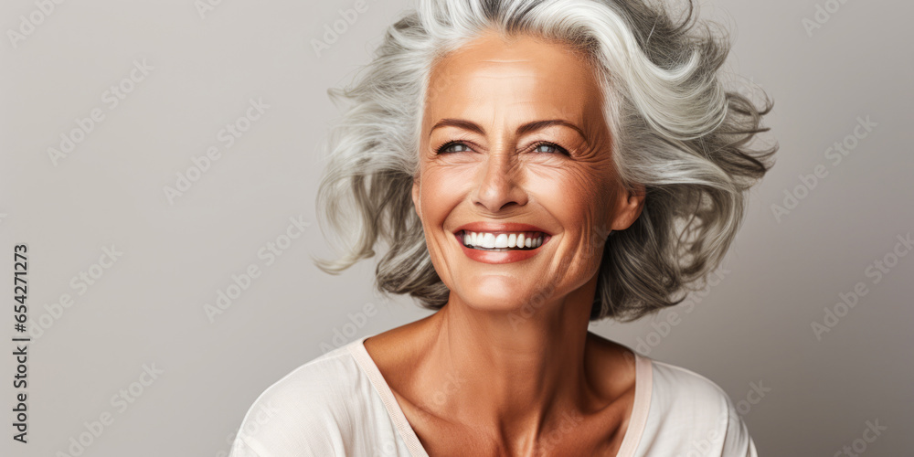 Mature Grace: Close-Up Portrait of Laughing Senior Woman with Grey Hair Mature Grace: Close-Up Portrait of Laughing Senior Woman with Grey Hair