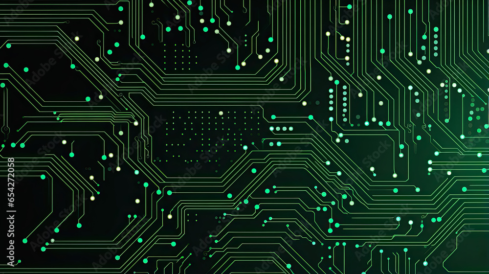 electronic board electrical technology hardware circuit line pattern on plain green background created with Generative AI Technology