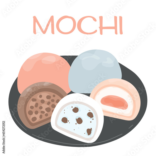 Traditional Japanese Daifuku Mochi dessert. Rice fruit dessert on wood plates. Asian sweet food. Hand drawn flat vector illustration. Mochi on a wooden board, isolated on white background.