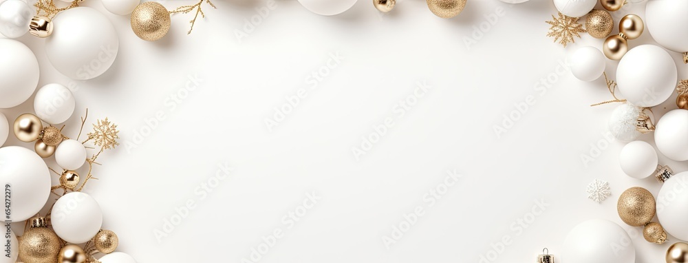 a Christmas or New Year banner set against a snowy white background. The banner is elegantly framed by matching white Christmas decorations, creating a serene winter wonderland ambiance. a Christmas or New Year banner set against a snowy white background. The banner is elegantly framed by matching white Christmas decorations, creating a serene winter wonderland ambiance.