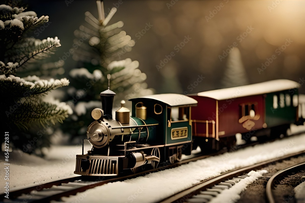 A vintage toy train chugging around a Christmas tree with miniature houses