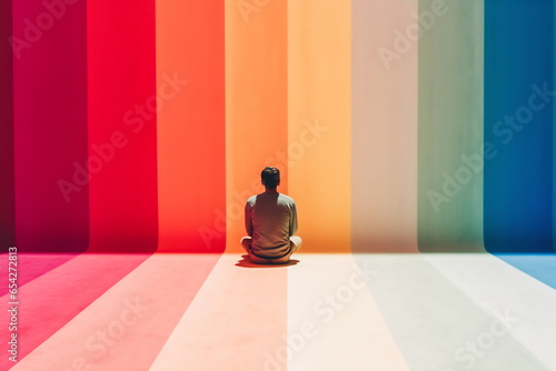 Lonely lost person sitting in colorful room. Alone loneliness and solitude concept artwork