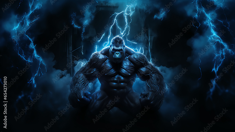  A picture of a muscular gorilla emitting blue electricity generative ai - obrazy, fototapety, plakaty 