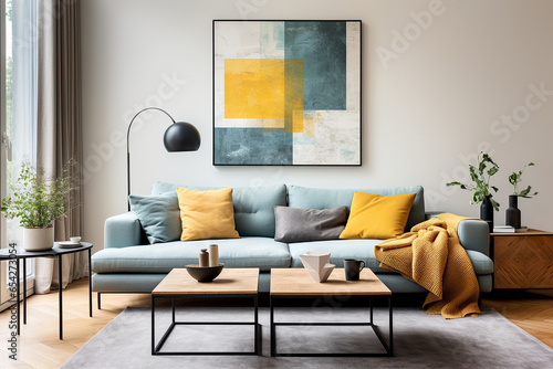 Fototapeta Blue sofa with yellow pillows and blanket against beige wall with frame poster. Scandinavian home interior design of modern living room.