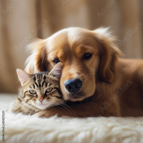 picture of a cat and dog hugging