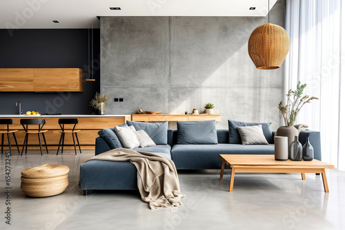 Blue sofa against concrete wall. Scandinavian loft home interior design of modern living room in minimalist studio apartment.