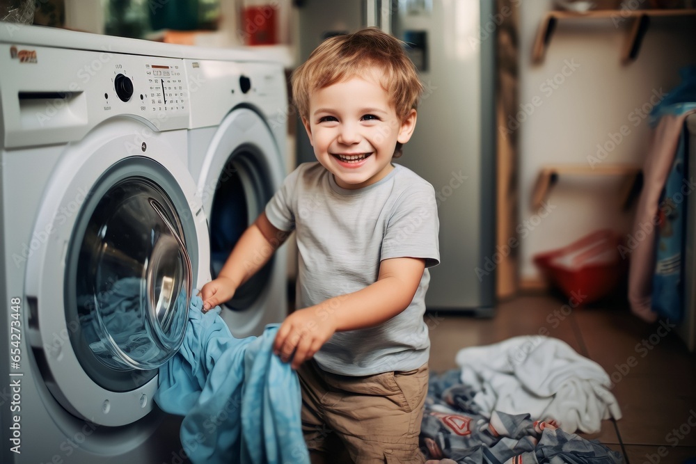 child boy doing laundry at home child boy doing laundry at home