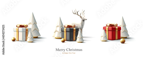 Christmas decorations vector collection. Set of realistic 3d white gold trending statuettes for christmas design isolated on white background. Christmas tree, deer, gift box.