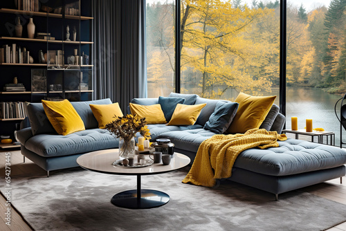 Blue sofa with yellow pillows and blanket against floor to ceiling window with lake view. Scandinavian home interior design of modern living room.