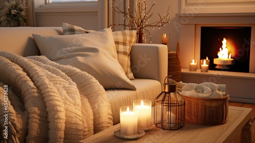 a composition of candles beautifully arranged on a white table. In the background, a comfy sofa with soft plaids and pillows creates the perfect ambiance for a cozy evening at home.