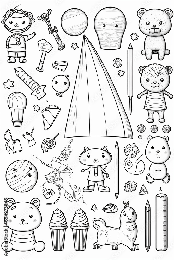 Lot of object line art for kids white bac