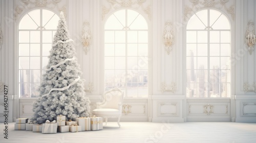 a majestic Christmas tree in a spacious, white room with arched windows. Adjacent to the tree is a white chair, and beneath the tree lie numerous white gifts, toys.