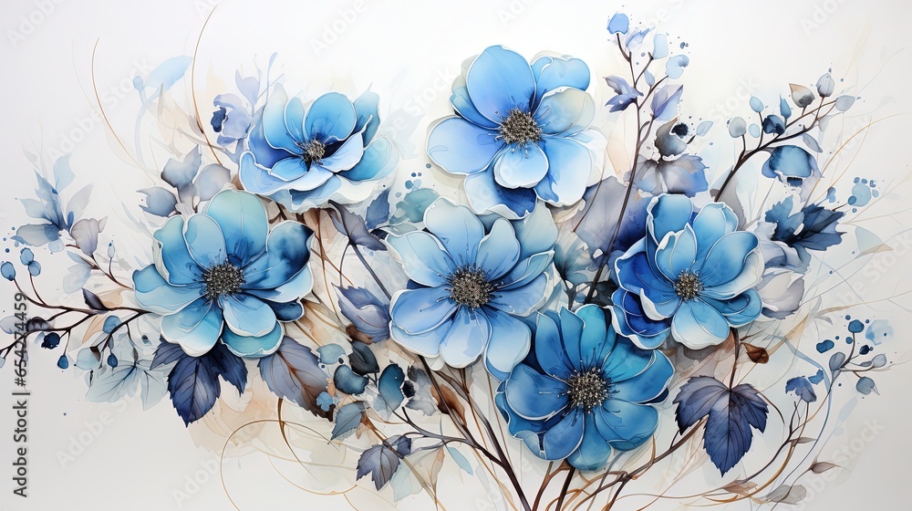 Obraz premium blue flowers background design , aesthetic , beautiful , water painting , brown leaves