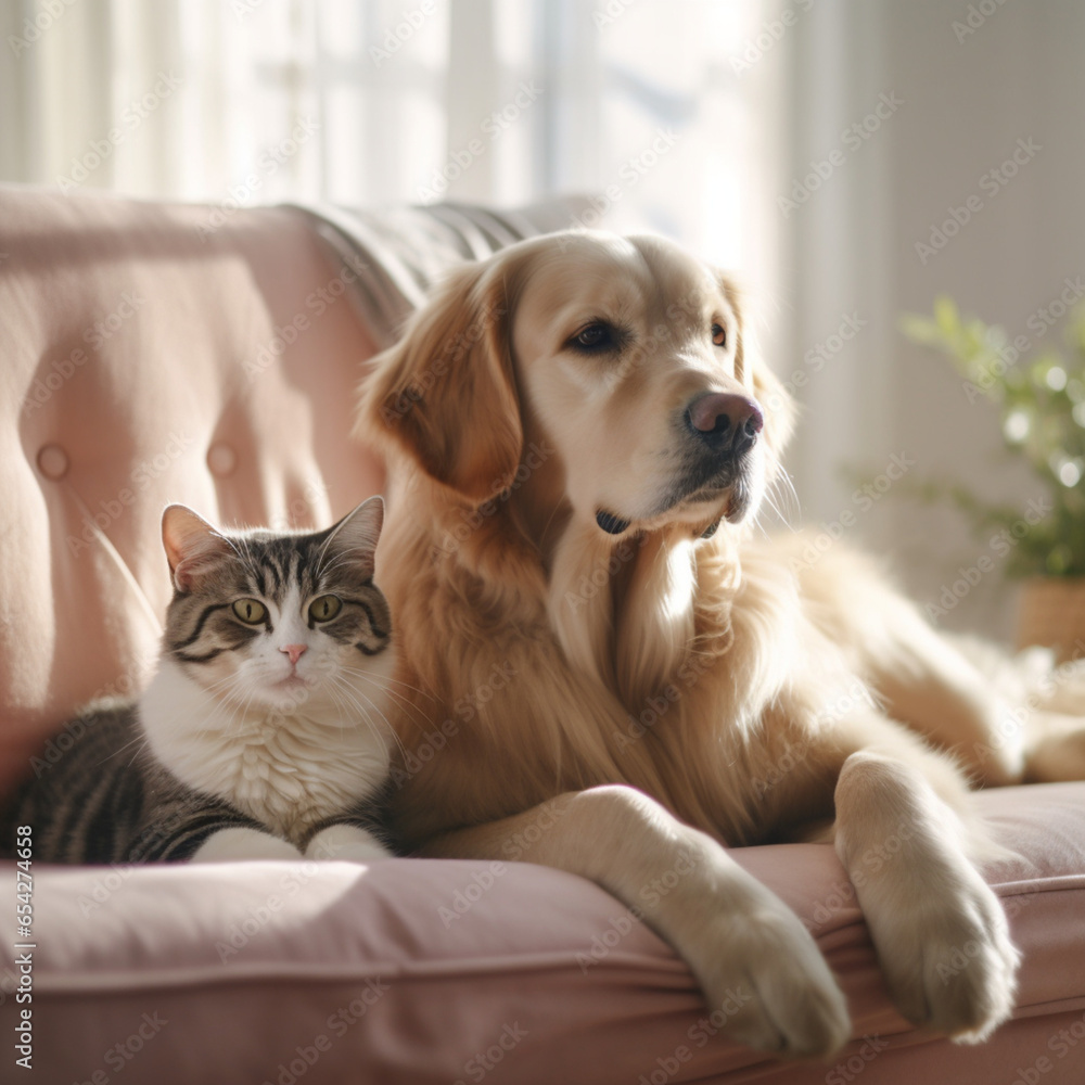 a closeup of a cat and a dog in the living room so, generative ai