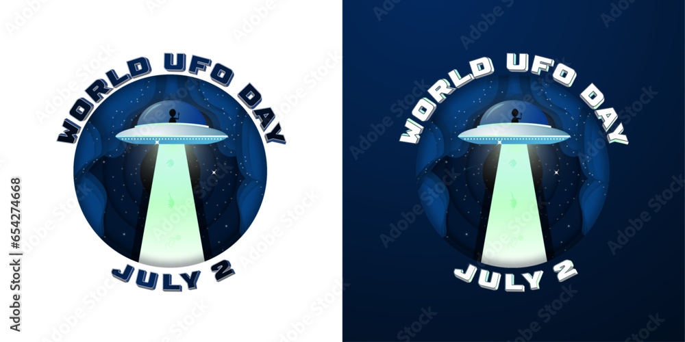 Set of World UFO Day Emblem and Logo in paper cut-out concept on white and blue gradient backgrounds. July 2. Sci-fi typography around icon. Editable Vector Illustration.
Set of World UFO Day Emblem and Logo in paper cut-out concept on white and blue gradient backgrounds. July 2. Sci-fi typography around icon. Editable Vector Illustration.