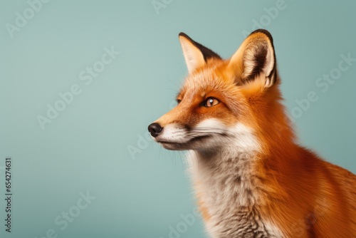 One portrait of fox on studio coloured background.