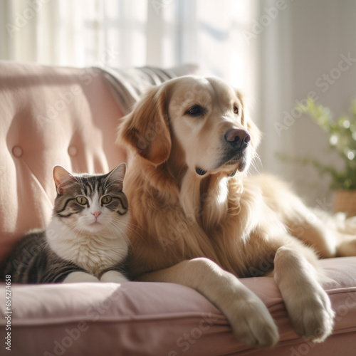 a closeup of a cat and a dog in the living room so, generative ai
