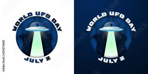 Set of World UFO Day Emblem and Logo in paper cut-out concept on white and blue gradient backgrounds. July 2. Sci-fi typography around icon. Editable Vector Illustration. 
