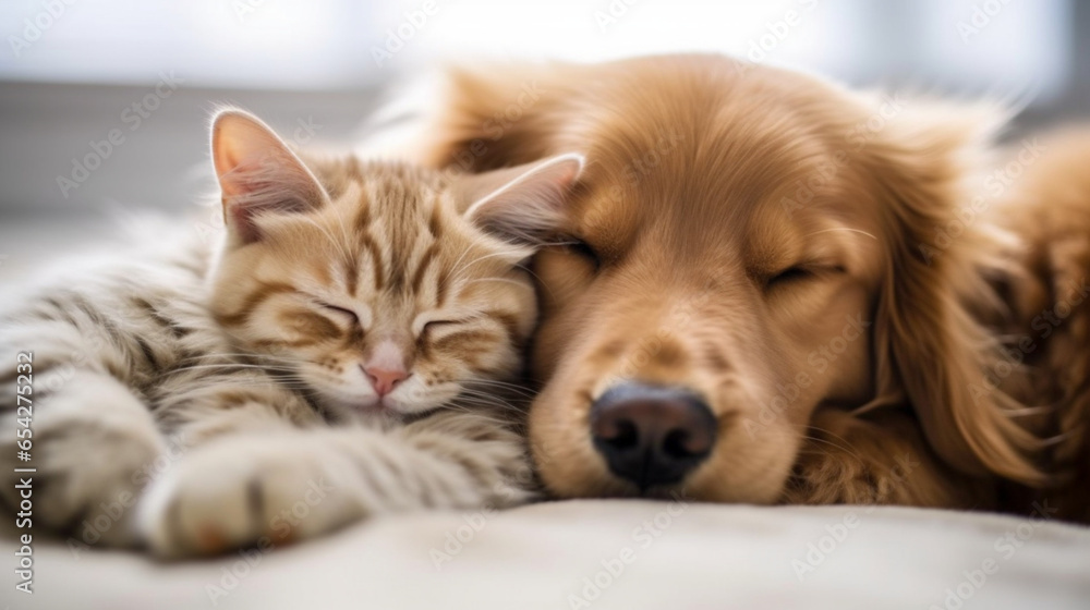 a dog and a cat sleeping hugging each other, generative ai