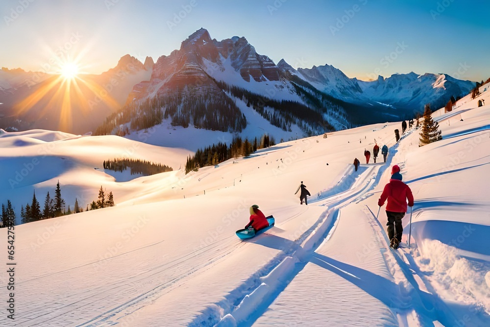 A snowy hillside with children sledding down on colorful sleds