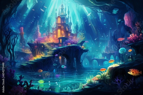 A surreal underwater world with floating islands and bioluminescent sea creatures.