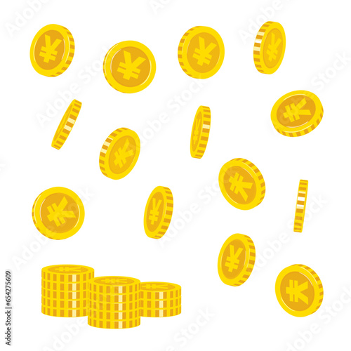 いろいろな角度のコインとコインが積み重なったイラストセット