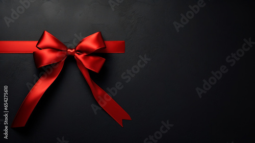 Black background with red ribbon bow wallpaper copy space. Black Friday concept. Template mockup for text, logo and product presentation.