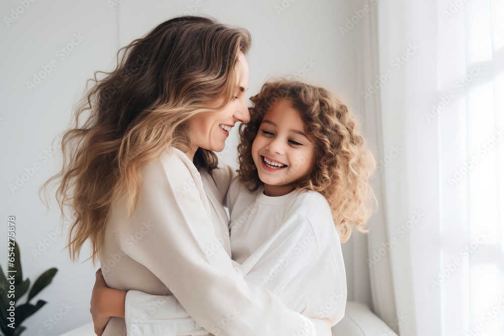 children having fun hugging their mother at home
