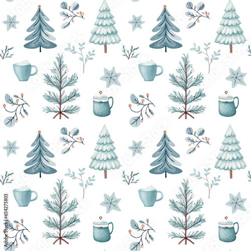 Winter seamless pattern with snowy trees and cups. Christmas vector pattern. Winter background.	