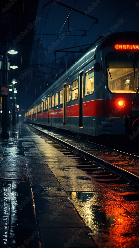 Train on the platform during the rain in the evening.