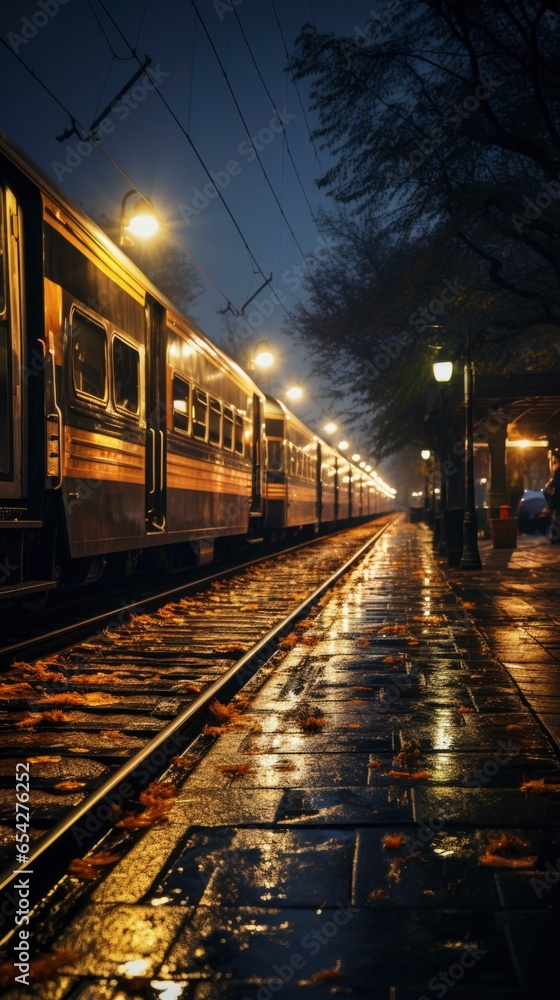 Train on the platform during the rain in the evening.