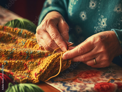 woman's hands making tights from balls of threads of various colors
