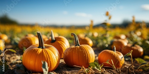 Pumpkins close-up on the field.