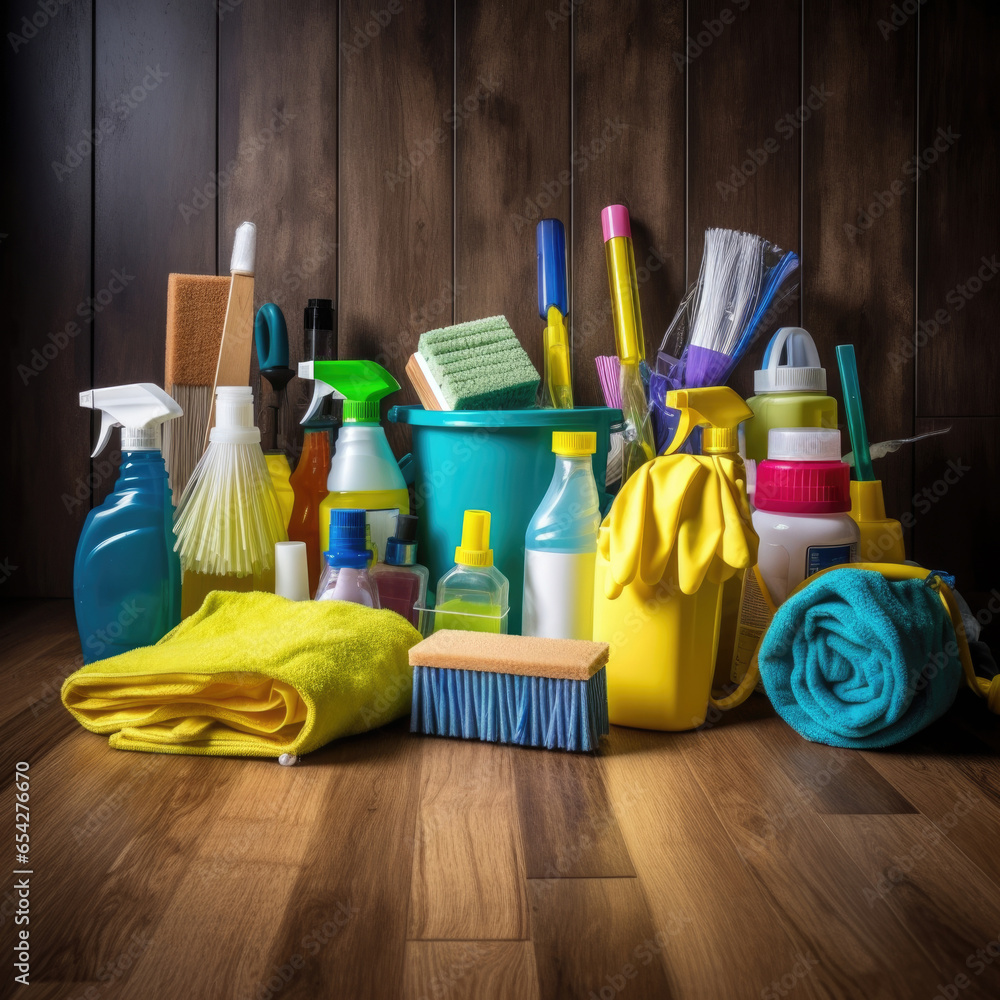 Cleaning service. Bucket with sponges, chemicals bottles and mopping stick. Rubber gloves and towel. Household equipment.Background Cleaning service. Bucket with sponges, chemicals bottles and mopping stick. Rubber gloves and towel. Household equipment.Background