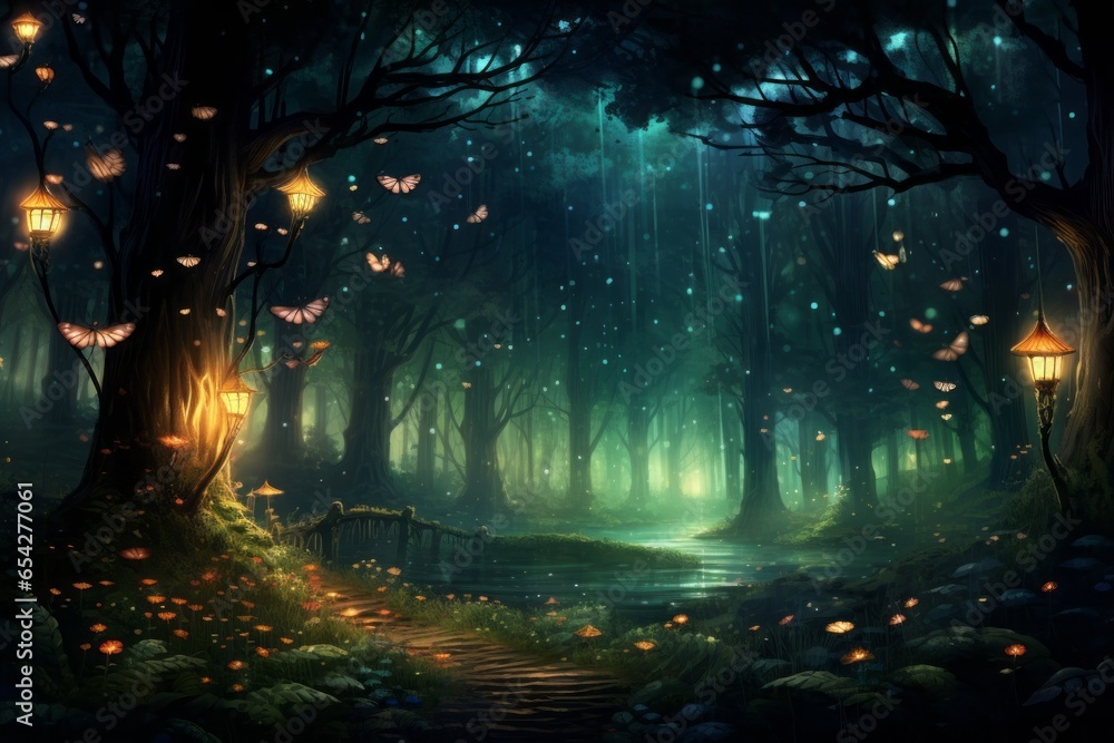 Naklejka premium A magical forest with sparkling fireflies and whimsical creatures living among the trees.