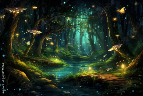 A magical forest with sparkling fireflies and whimsical creatures living among the trees.