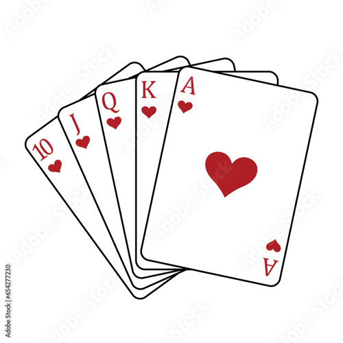 Playing cards - a poker hand consisting of a royal flush hearts 10 J Q K A, vector illustration isolated on white