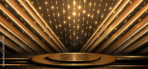 Elegant golden scene diagonal glowing with star lighting effect sparkle on dark brown background. Template circle podium premium award design.
