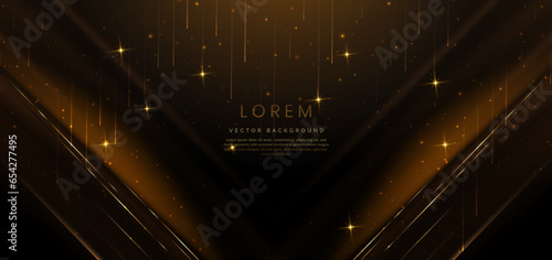 Abstract luxury golden lighting effect glowing on dark brown background and sparkle. Luxury celebration design.